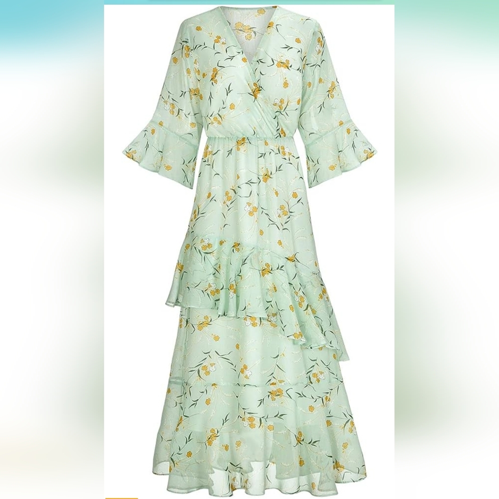 Floral Maxi Dress V Neck High Waist Chiffon Sz S NWT